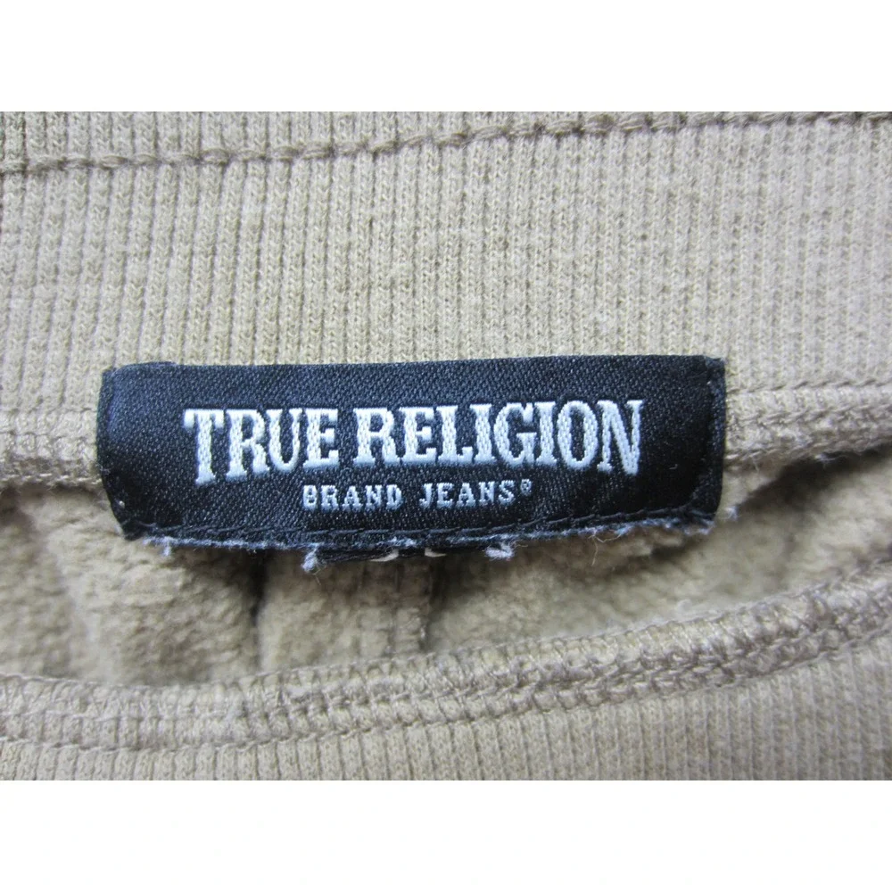 True Religion Mens Sweat Shorts Tan Khaki Horseshoe Logo Raw Hem Fleece Size L